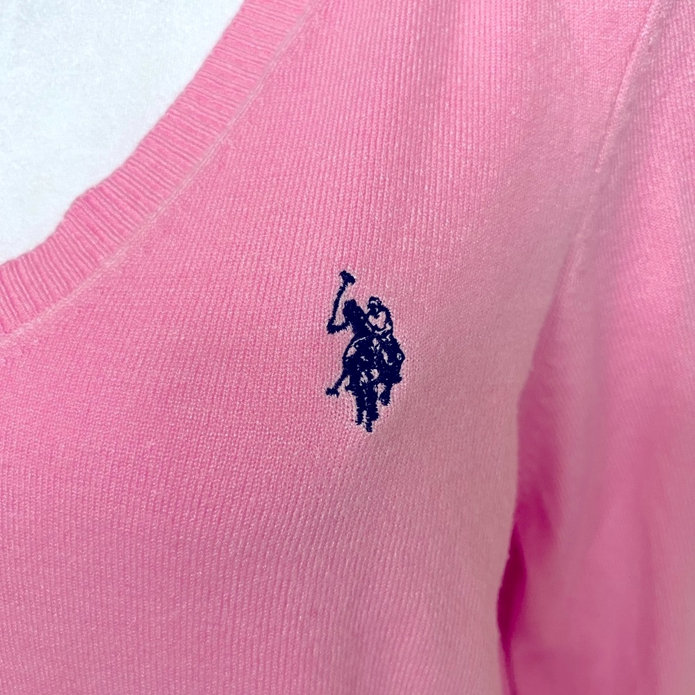 U.S. Polo Assn. Pink V-Neck Sweater Logo rayon polyester nylon woman’s large - Picture 2 of 6